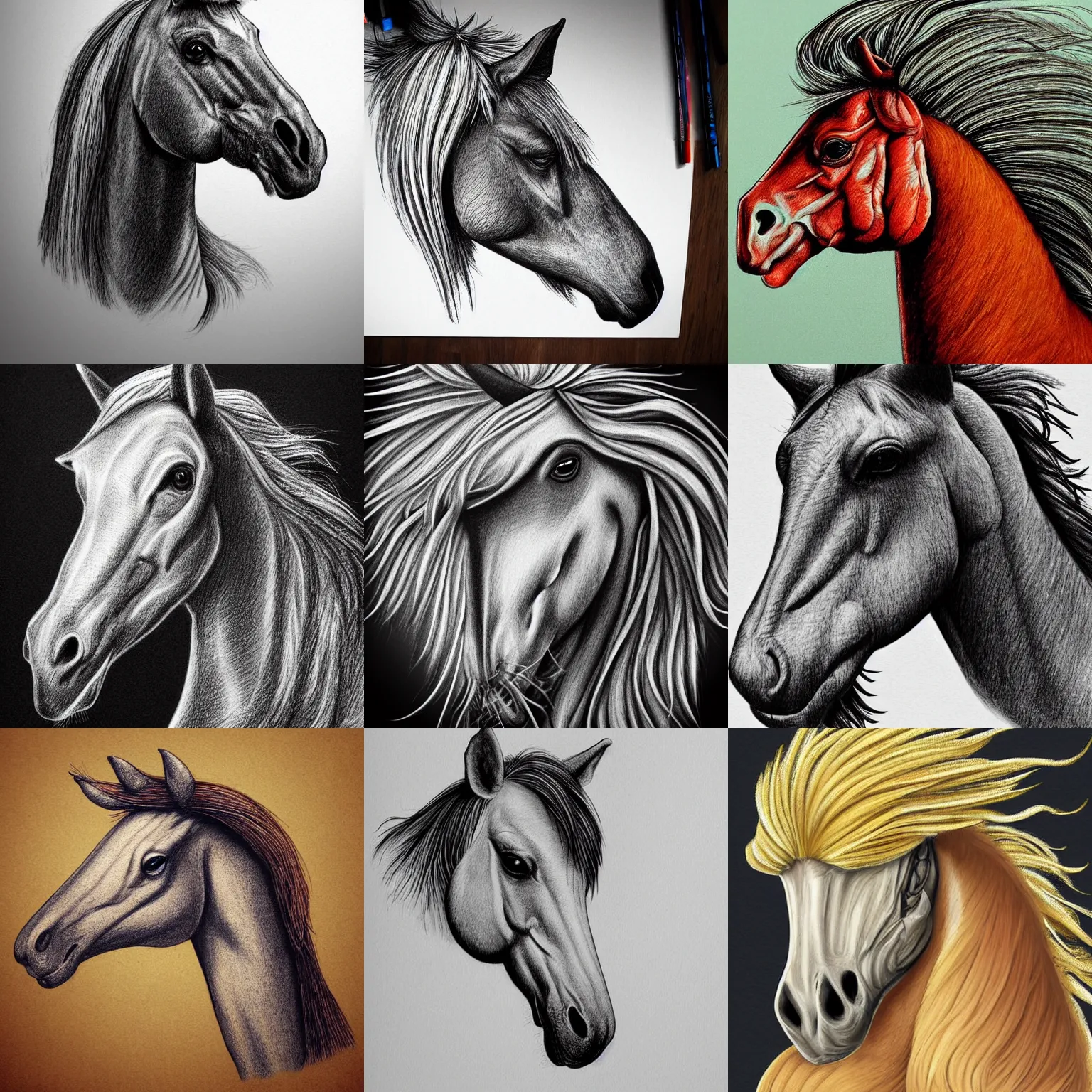 Prompt: horse the the head of a chicken, unreal, wacky, crazy, combination of the two animals, illustration, ultra detailed, super fine line, detailed hair and mane, ultra textured chicken beak, very realistic drawing, graphic art, high resolution, deviantart, trending on artstation, rule of 3rds, digital painting, photorealism, photo portrait, stylish , full colour, skin tones, flesh tones, bird feathers