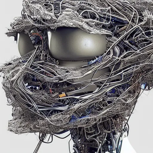 Image similar to “ hyperreal 8 k drawing art station trending of humanoid robot made from wiring and steel debris found in a scrapyard ”