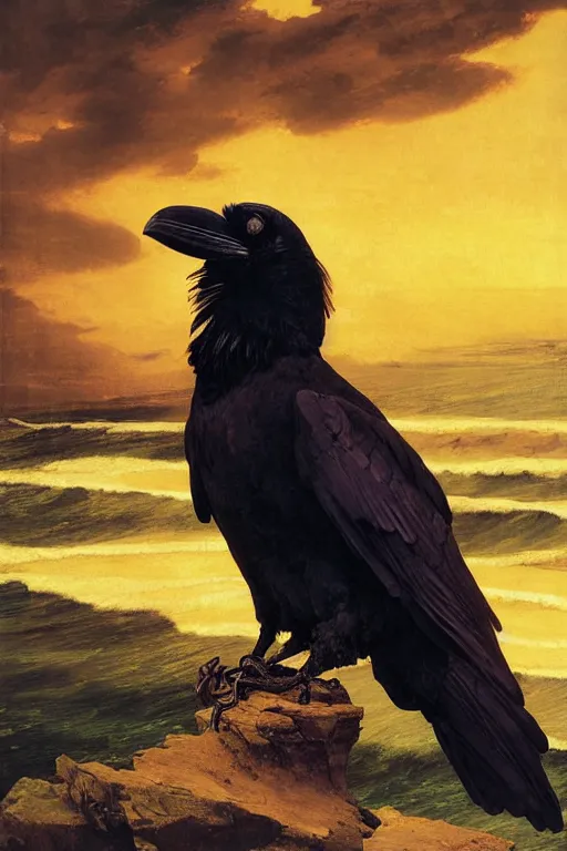 Prompt: a breathtakingly stunningly beautifully highly detailed extreme close up portrait of a raven, a rock arch overhead framing top of shot, epic coves crashing waves plants, beautiful clear harmonious composition, dynamically shot, wonderful strikingly vivid orange beautiful dynamic sunset with epic clouds, detailed organic textures, by frederic leighton and rosetti and turner and eugene von guerard, 4 k