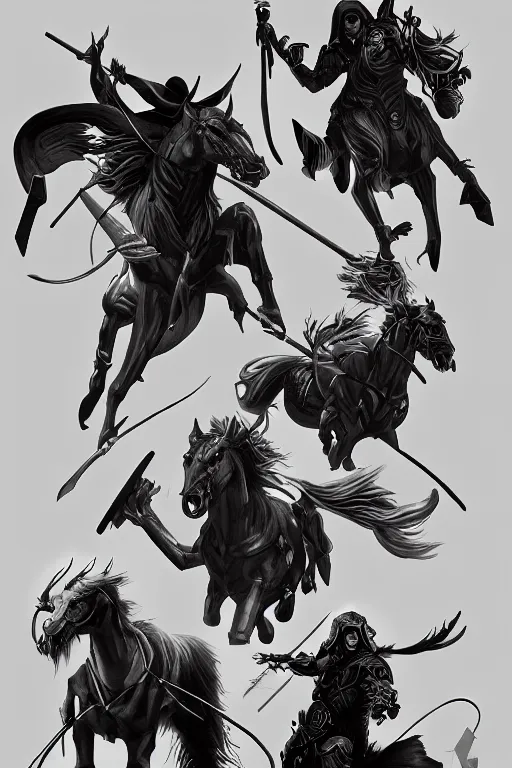 Image similar to a painting of the four horseman of the apocalypse, grim - lighting, high - contrast, intricate, elegant, highly detailed, digital painting, artstation, concept art, smooth, sharp focus, illustration
