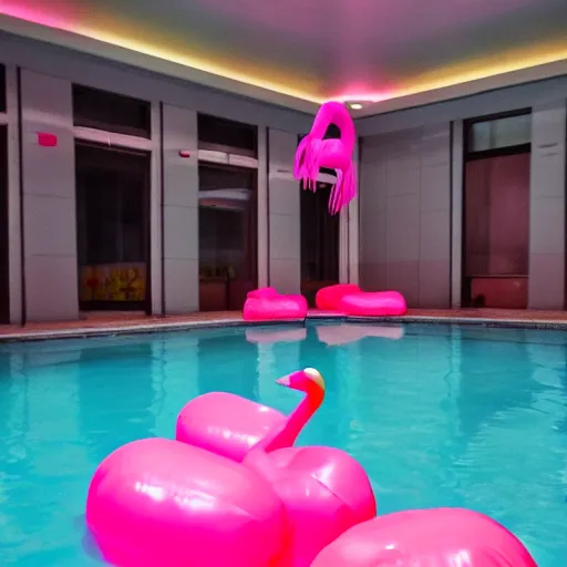 Image similar to dark poolroom liminal space with pink flamingo floaties, liminal photography, bad lighting,