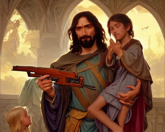 Image similar to photography of jesus christ teaching a child how to use a ak 4 7, d & d, fantasy, intricate, elegant, highly detailed, digital painting, artstation, concept art, matte, sharp focus, illustration, hearthstone, art by artgerm and greg rutkowski and alphonse mucha