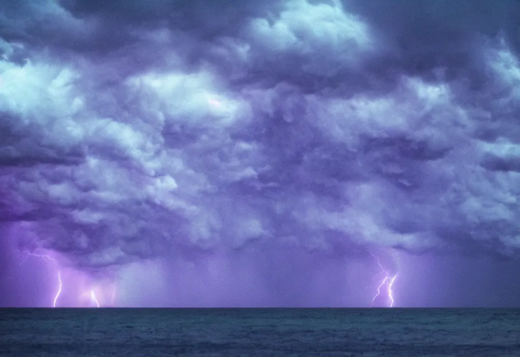 Image similar to purple color lighting storm with stormy sea,pirate ship firing its cannons with a water spout in the background. trippy nebula sky 50mm shot, fear and loathing movie