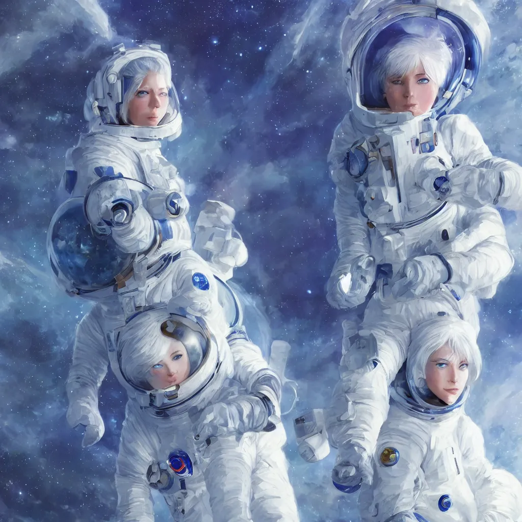 Image similar to portrait of a blue-eyed girl with white hair in a space suit against the background of space, painting by Craig Mullins, octane rendering, soft morning lighting, wide angle lens, in the style of Hayao Miyazaki, trending on artstation,