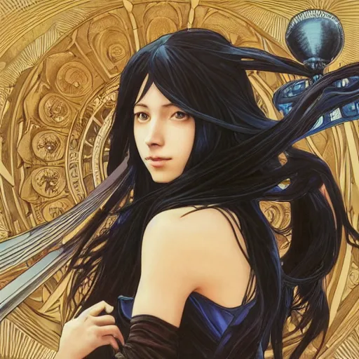 Image similar to portrait of a woman, long black hair, holding sword, in front of a sci fi cityscape, by tetsuya nomura, makoto shinkai, alphonse mucha, detailed, cinematic, wide angle, dark sepia toned shading, luminescent eyes, detailed face, expressive eyes, blue fire everywhere, trending on artstation.