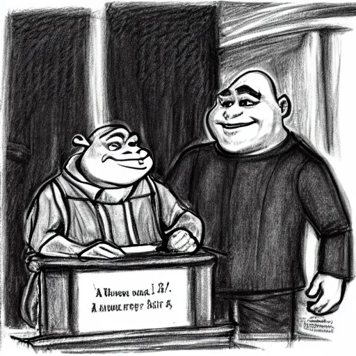 Image similar to shrek on trial in courtroom, courtroom sketch, pencil sketch, judge, courtroom