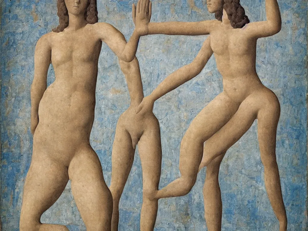 Image similar to Woman with five feet and five arms, sculpted by Henri Moore, transforming into a rock and a flower. Painting by Piero della Francesca, Morandi, Alex Colville