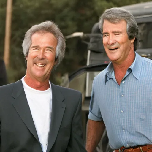 Prompt: kevin tighe with randy mantooth, laughing as they set a car on fire