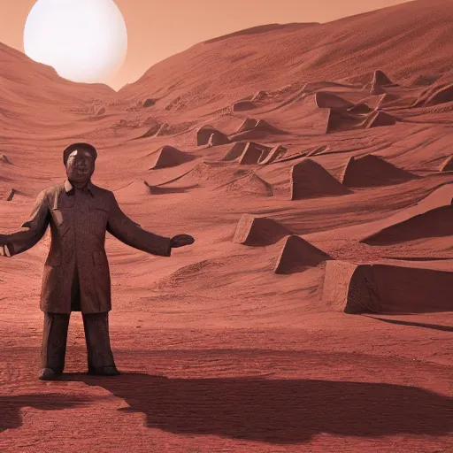 Prompt: a photo of mao zedong's sculpture in cybercity on mars a made of resin by joe johnston and nilo rodis, highly detailed, dramatic lighting, unreal engine 5 highly rendered, radiant light, detailed and intricate environment, wide angle, cinematic lighting