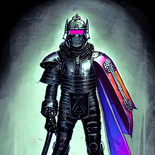 Prompt: a cyberpunk paladin in very heavy silver armor wearing a crusaders helmet he is holding a large long sword in a cyberpunk setting, comic book art, cyberpunk, art by stan lee, pen drawing, inked, colorful, bright high tech lights, dark, moody, dramatic, deep shadows, marvel comics, dc comics