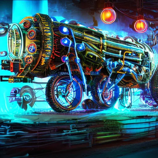 Prompt: album art, the album is called tripmachine, trance music, a huge steampunk mechanic machine with many gears and tubes and wires,, 8 k, fluorescent colors, halluzinogenic, multicolored, blue neon accents, exaggerated detailed, front shot, 3 d render, octane