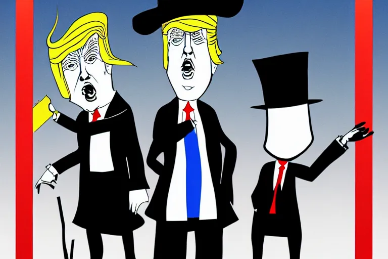 Prompt: poster illustration of donald trump and donald trump wearing trench coats and big black hats starring in spy vs spy