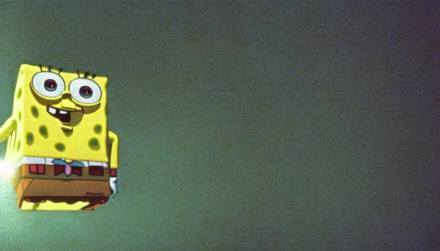 Image similar to 1 9 6 0 s movie still of spongebob, 2 0 0 1 a space odyssey, cinestill 8 0 0 t 3 5 mm, high quality, heavy grain, high detail, panoramic, cinematic composition, dramatic light, ultra wide lens, anamorphic, flares