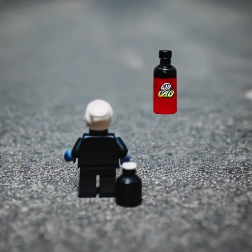 Image similar to photo of lego figure in black Adidas spotwear, holding a bottle, bokeh