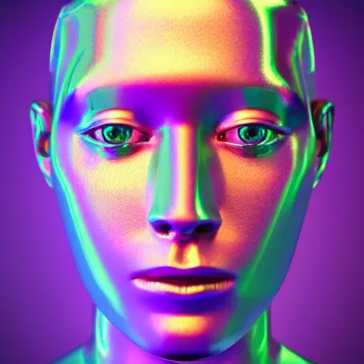 Image similar to 3d render of holographic human robotic head made of glossy iridescent, surrealistic 3d illustration of a human face non-binary, non binary model, 3d model human, cryengine, made of holographic texture, holographic material, holographic rainbow, concept of cyborg and artificial intelligence