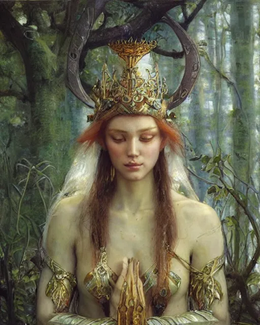 Image similar to a beautiful elf queen, oil painting, by Edgar Maxence, James Gurney, Ross Tran and Michael Whelan