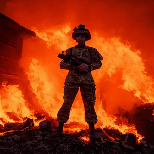 Image similar to a soldier with a glowing orange visor, a half-turn looks into the camera, bodies of the dead are scattered around, an fire in the background, 4k, details, dramatic pose