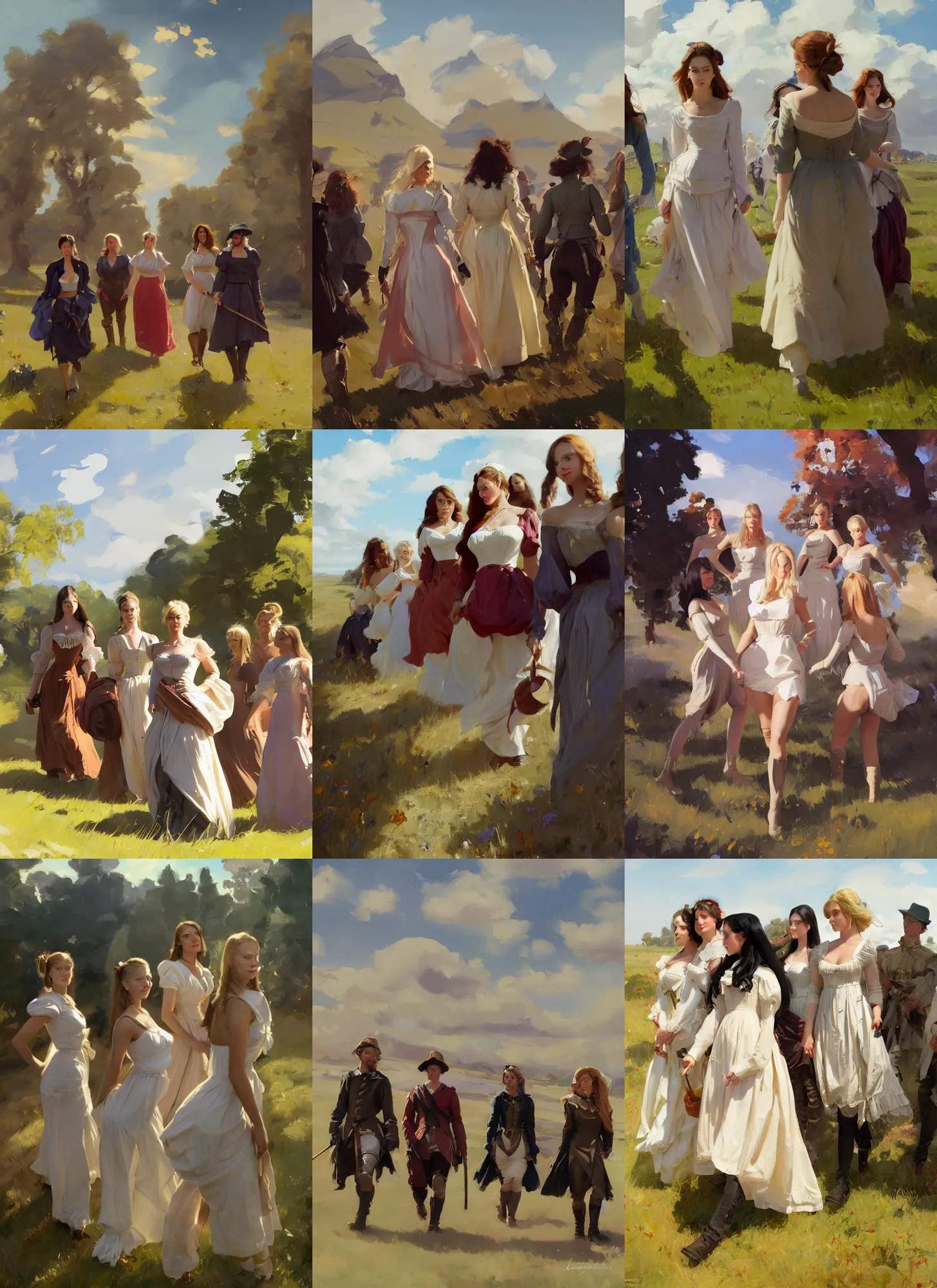 Prompt: group of finnish norwegian swedish scandinavian attractive beautiful glamour models wearing 1 7 th century bodice with low neckline walking in the field in a sunny day, jodhpurs greg manchess painting by sargent and leyendecker, studio ghibli fantasy medium shot asymmetrical intricate elegant matte painting illustration hearthstone, by greg rutkowski by greg tocchini by james gilleard