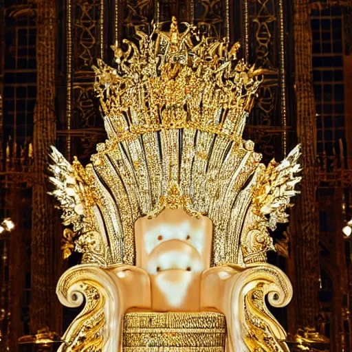 Image similar to shining majestic throne made of millions of diamonds, gold and zaphires with thousands of light reflections