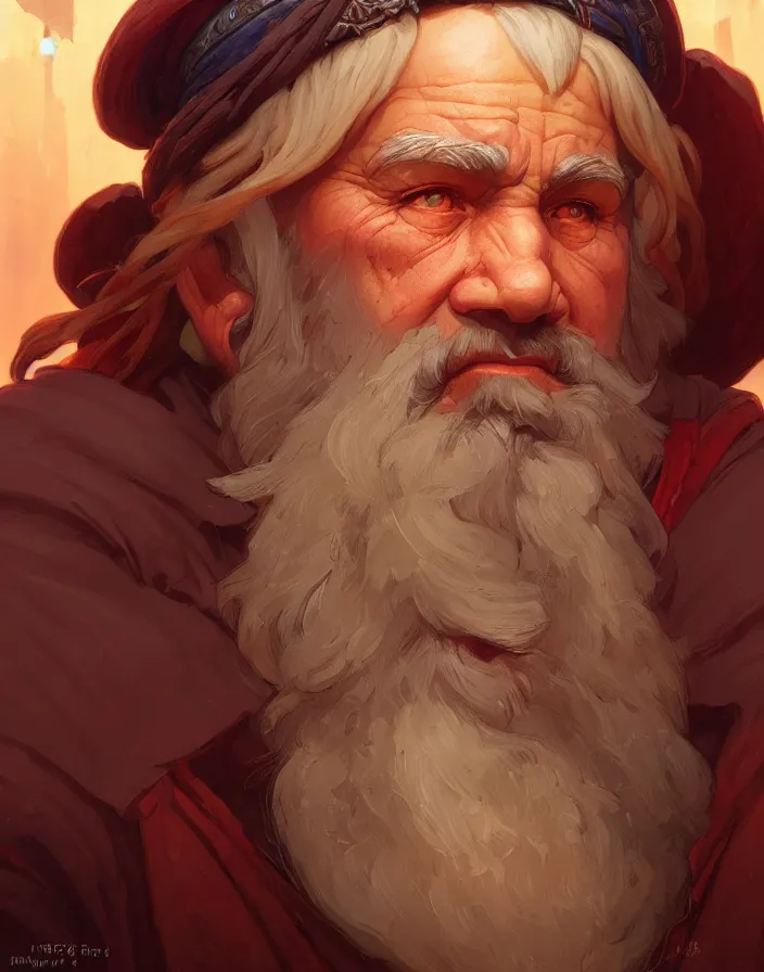 Prompt: elder mountain dwarf merchant, portrait, D&D, fantasy, highly detailed, digital painting, artstation, concept art, sharp focus, smooth, illustration, art by artgerm and greg rutkowski and alphonse mucha