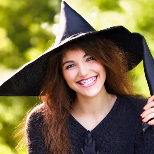 Image similar to a photo of a young pretty woman smiling with an oversized witch hat, photorealistic, high definition
