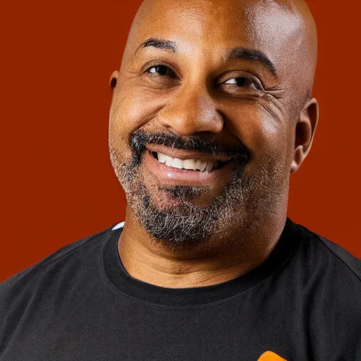 Prompt: a bald middle aged black man with a goatee in an orange gym shirt, high quality portrait