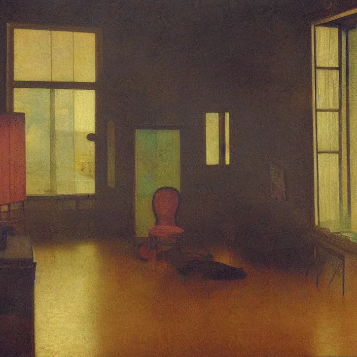 Prompt: interior of a flooded old house full of furniture. aurora borealis. iridescent, psychedelic colors. painting by hammershoi, balthus, mark rothko, vermeer, utamaro, monet