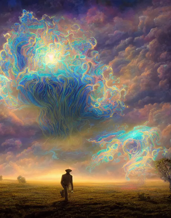 Image similar to extremely detailed complex intricate hyperdetailed tapestry of lenticular clouds translucent pop psych holographic hyperrealistic smoke simulation sharp luminescent geometry puffing liquid nitrogen eldritch into uncanny mystical holistic stoned slenderman by Clyde Caldwell, beautiful colors 8k hyperdetailed matte painting, raytracing, artstation, magic hour