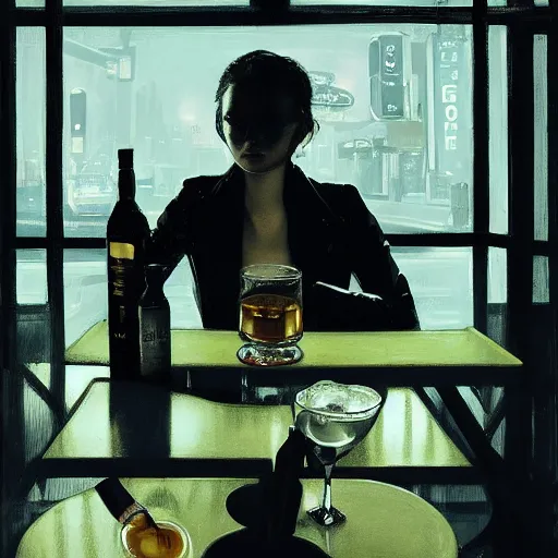 Image similar to silhouette of Elle Fanning drinking whiskey alone in a diner, stormy weather, extremely detailed masterpiece, oil on canvas, low-key neon lighting, artstation, Blade Runner 2049, Roger Deakin’s cinematography, by J. C. Leyendecker and Peter Paul Rubens,