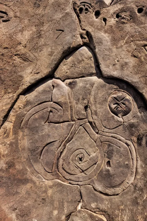 Prompt: 4 k photography of petroglyphs representing crosses, ufo, yin yang symbol on a cave