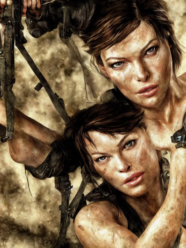 Image similar to close up potrait of Mila Jovovich face as tomb raider