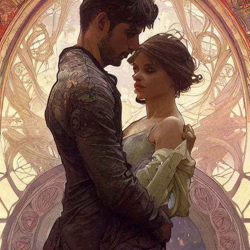 Prompt: hyper realistic scene of an affair , art by artery and Greg Rutkowski and alphonse mucha, sci-fi, fantasy, intricate, ornate, very very beautiful, elegant, highly detailed, digital painting, artstation, concept art, smooth, sharp focus, illustration