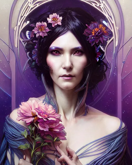 Image similar to Beautiful ethereal cyberpunk woman in her fifties, art nouveau, fantasy, intricate flower designs, elegant, highly detailed, sharp focus, art by Artgerm and Greg Rutkowski and WLOP