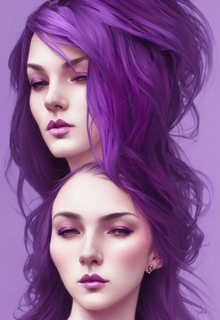 Image similar to Purple hair, creative colouring Portrait of woman face profile, fashion, coloured strands of hair, intricate, elegant, highly detailed, digital painting, artstation, concept art, smooth, sharp focus, illustration, art by artgerm and greg rutkowski and alphonse mucha, 8k