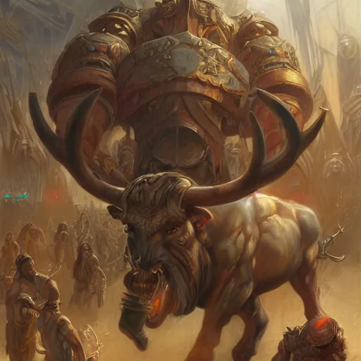 Image similar to The minotaur End-boss art by Donato Giancola and Bayard Wu, digital art, trending on artstation, wide angle, cinematic,