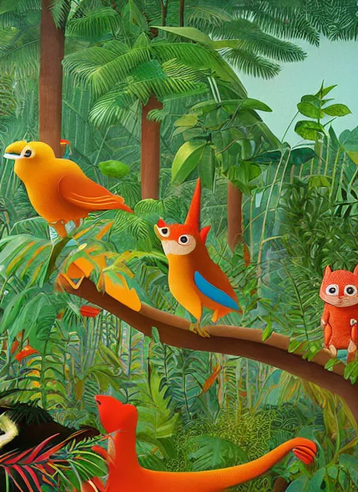 Image similar to rare bird in the jungle, highly detailed, unreal engine render concept art, style of henri rousseau and richard scarry and hiroshi yoshida