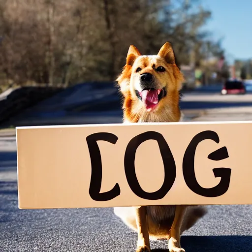 Image similar to professional photo of a dog holding a sign that says dog written on the sign