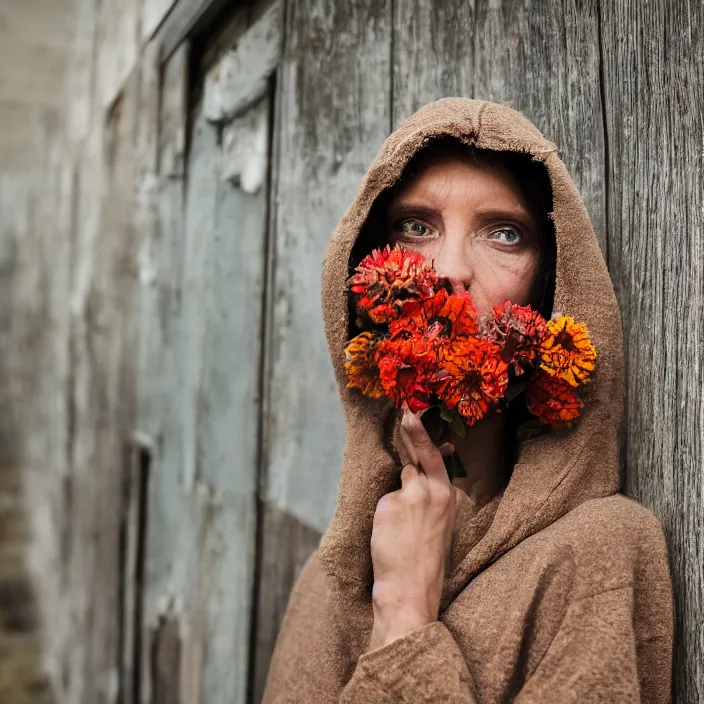 Image similar to a closeup portrait of a woman wearing a hooded cloak made of zinnias and barbed wire, in a derelict house, by Helen Warner, natural light, detailed face, CANON Eos C300, ƒ1.8, 35mm, 8K, medium-format print