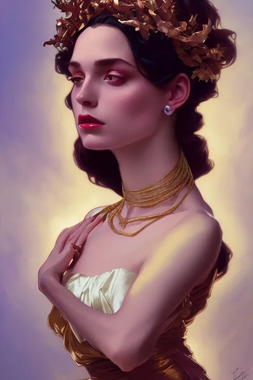 Image similar to beautiful face by leyendecker, ombre velvet gown, beautiful elegant dryad, portrait, long hair, tiara, dozens of jeweled necklaces, by greg rutkowski, brom, anato finnstark, alphonse mucha, oil painting, highly detailed, cinematic lighting, unreal,