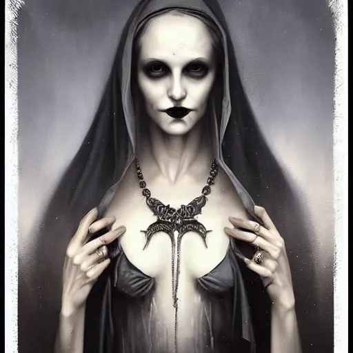 Image similar to By Tom Bagshaw, ultra realist soft painting of a gothic crypt by night, Female vampire smile and dressed, horror, omnious sky, symmetry accurate features, very intricate details, black and white, volumetric light clouds