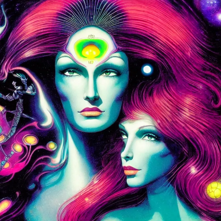 Image similar to cosmic maiden, head shot, mcu, realistic face, crystal, bright neon colors, highly detailed, cinematic, eyvind earle, tim white, philippe druillet, roger dean, lisa frank, aubrey beardsley