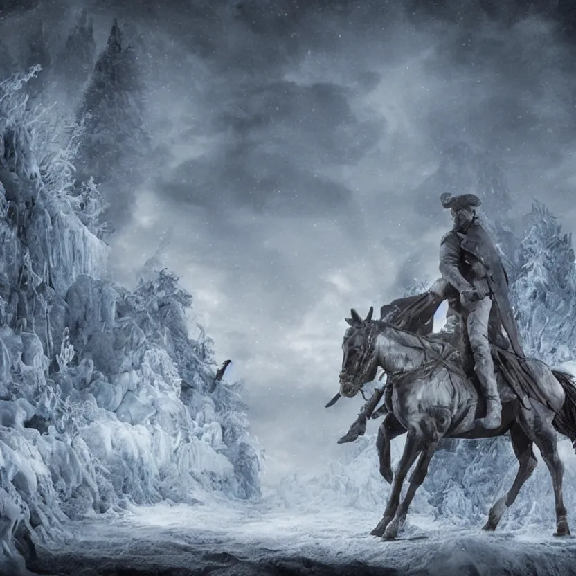 Image similar to ice sculpture of a headless horseman riding into the night, beautiful matte painting