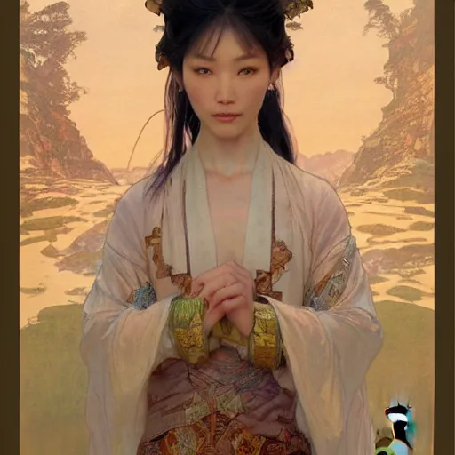 Image similar to Concept art, ancient Chinese girl, 8k, by james gurney, greg rutkowski, and john howe, background by alphonse mucha, artstation