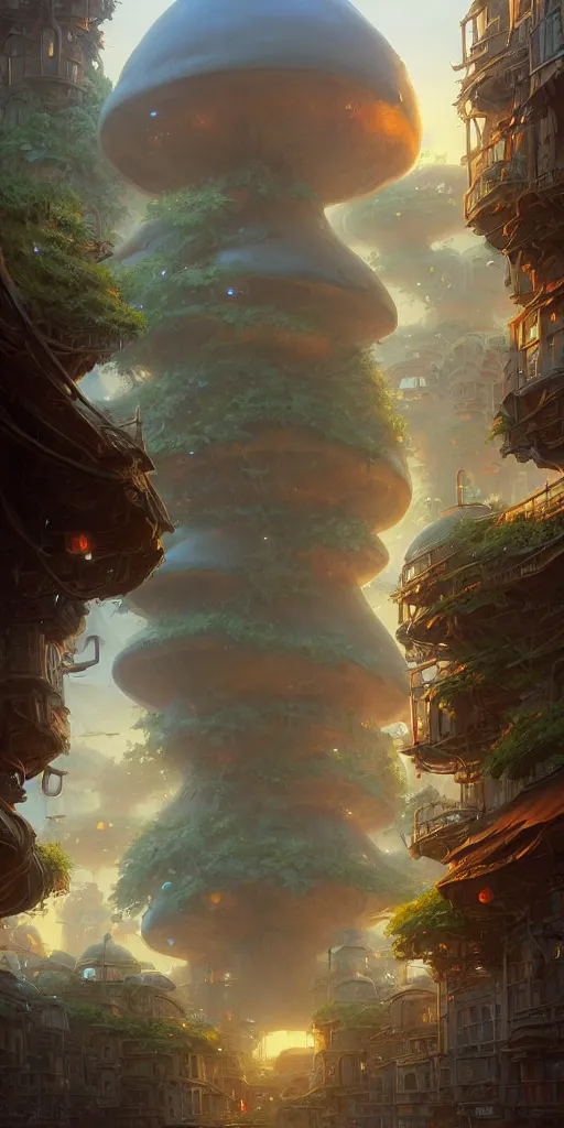 Image similar to a city built on a giant mushroom, unreal engine, fantasy art by greg rutkowski, loish, rhads, ferdinand knab, makoto shinkai and lois van baarle, ilya kuvshinov, rossdraws, tom bagshaw, global illumination, soft light, detailed and intricate environment