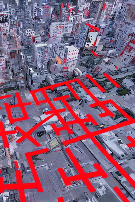 Image similar to Three giant red crosses in the center of a city from Neon Genesis Evangelion