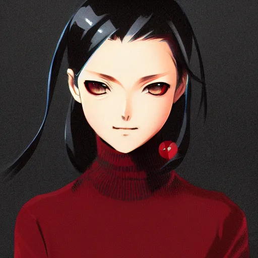 Image similar to anime girl in dark red turtleneck, black coat, elegant, 2d, ultra highly detailed, digital painting, smooth, sharp focus, artstation, portrait art by Ilya Kuvshinov