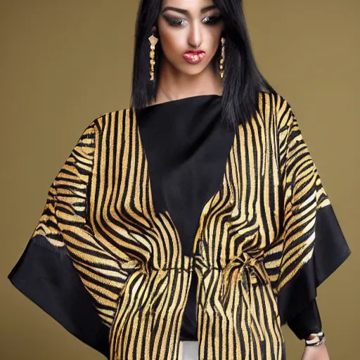 Prompt: a beautiful model in kimono gold and black striped, tiger inspired, realistic, intricate details.