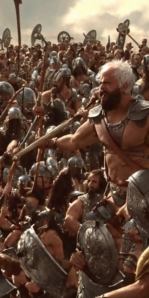 Image similar to Bernie Sanders dressed as Leonidas, with Leonidas beard, leading Spartans into battle, in screenshot from the 300 movie