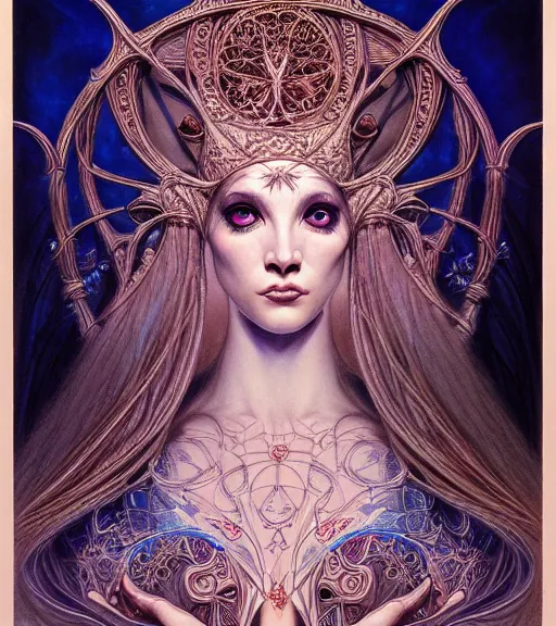 Image similar to symmetrical portrait, a beautiful female sorceress in dress, pretty, detailed and intricate, perfect body shape, perfect face, hypermaximalist, elegant, ornate, luxury, elite, matte painting, cinematic lighting, james jean, brian froud, wayne barlowe