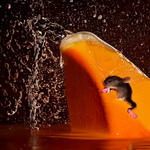 Image similar to a rat being drenched in an orange soda waterfall, cinematic lighting